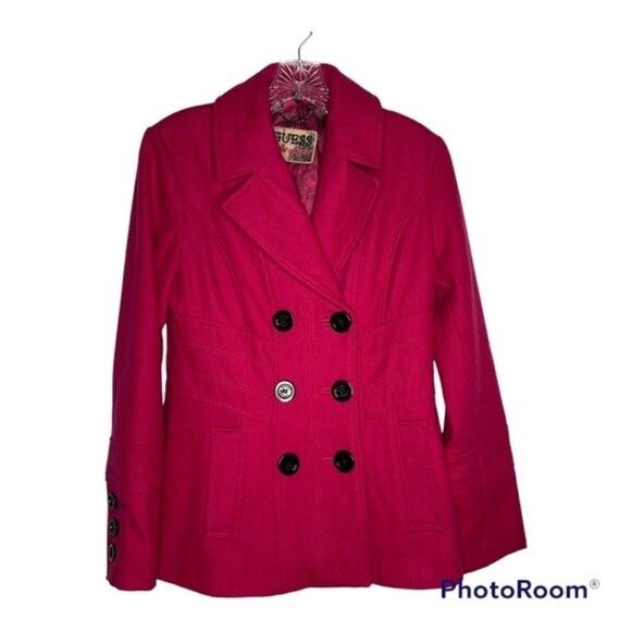 Guess Hot Pink Wool Blend Double Breasted Pea Coat Barbie Core Small - Picture 1 of 10